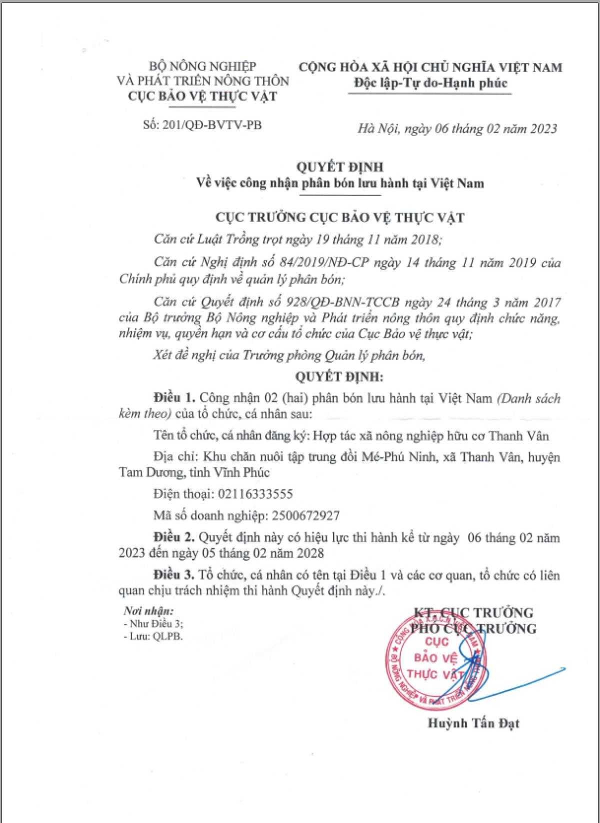 Quyết định về việc công nhận phân bón lưu hành tại Việt Nam.